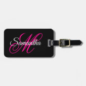 Zwart wit en warm roze Fancy Script-monogram Bagagelabel (Voorkant horizontaal)