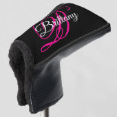 Zwart wit en warm roze Fancy Script-monogram Golfheadcover (3/4 voorkant)