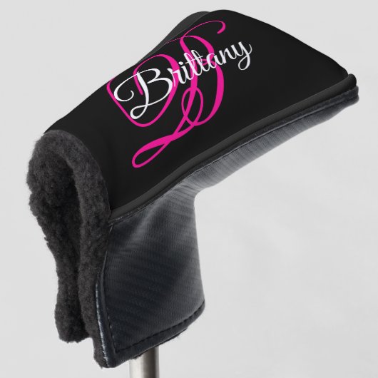 Zwart wit en warm roze Fancy Script-monogram Golfheadcover (3/4 voorkant)