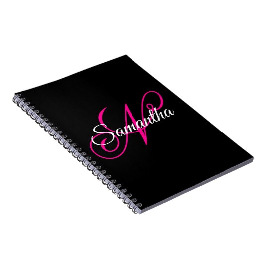 Zwart wit en warm roze Fancy Script-monogram Notitieboek (Rechterzijde)