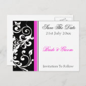 Zwart-wit en warm-roze weddenschap opslaan Datum Aankondigingskaart (Voorkant / Achterkant)