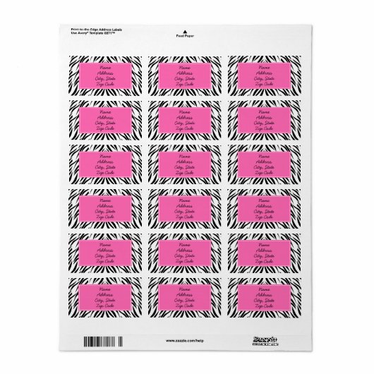Zwart-wit en warm-roze Zebra afdrukken Etiket (Full Sheet)