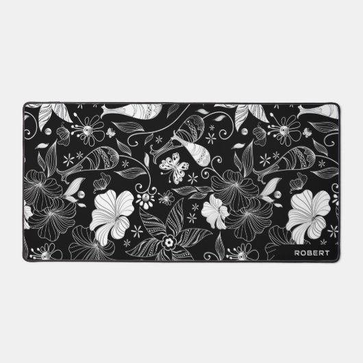 Zwart, wit en wit exotisch bloemenpatroon bureaumat (Voorkant)
