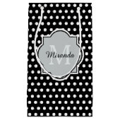 Zwart-wit en wit pokadots monogram en naam klein cadeauzakje (Voorkant)
