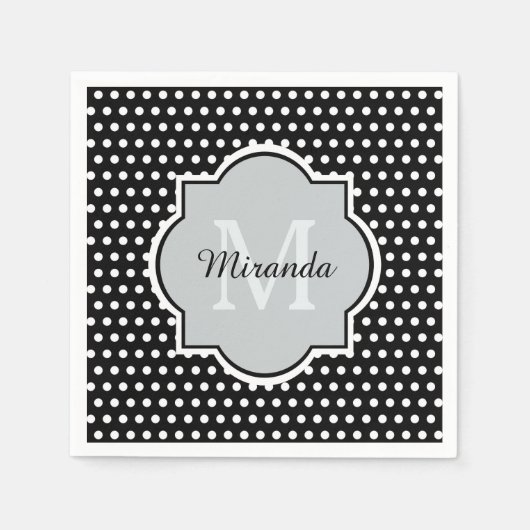 Zwart-wit en wit pokadots monogram en naam servet (Voorkant)