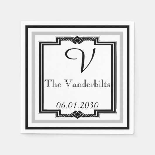 Zwart, Wit en Zilver Art Deco Lijst Bruiloft Servetten (Voorkant)