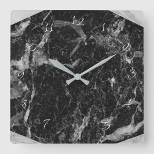 Zwart wit en zilver marmer modern glam vierkante klok