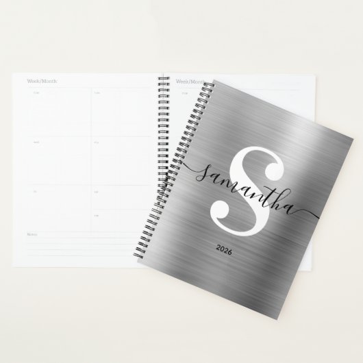Zwart wit en zilver modern monogram planner (Display)