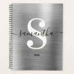 Zwart wit en zilver modern monogram planner<br><div class="desc">Zwart-wit monogram met een trendy stijl moderne kalligrafie en elegant modern lettertype. Verhoog of verminder de doopvontgrootte zoals nodig voor uw monogram. Houd het de datumformaat van het schooljaar,  of verandering aan uw behoeften. Zwarte,  witte en faux zilvergrijze gradiënt ombre folie gepersonaliseerde planner voor haar.</div>