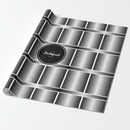 Zwart wit en zilver monogrammen geometrische vierk cadeaupapier (Uitgerold)