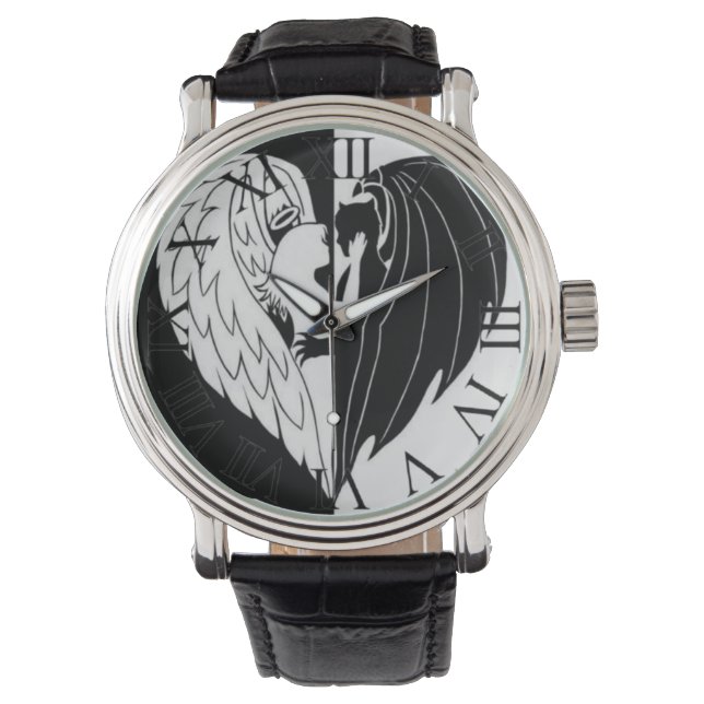 Zwart wit engelduivel horloge (Voorkant)