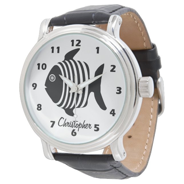 Zwart-Wit Engelfish ontwerp gepersonaliseerd Horloge (Gekanteld)