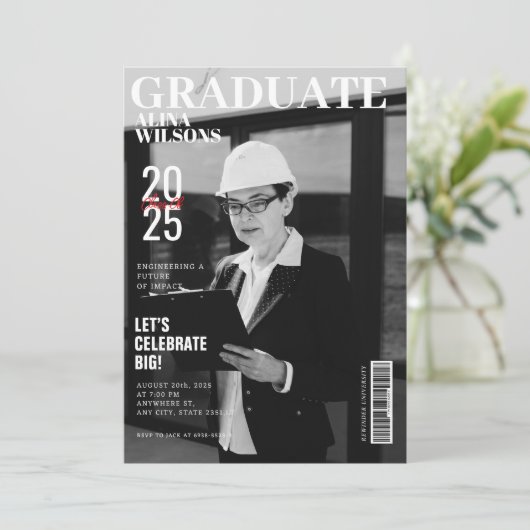 Zwart-wit engineer magazine foto afstuderen kaart (Staand voorkant)