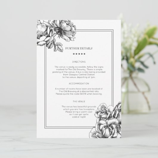 Zwart & Wit Etste Bloemen Bruiloft Info Kaart (Staand voorkant)