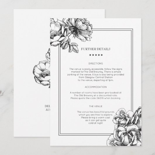 Zwart & Wit Etste Bloemen Bruiloft Info Kaart (Voorkant / Achterkant)