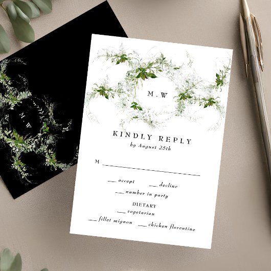 Zwart Wit Eucalyptus Krans Monogram Huwelijk RSVP Kaartje