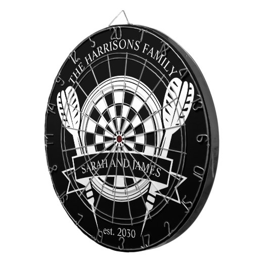 Zwart-wit Familie Custom Name Wedding Dartbord (Voorkant Rechts)