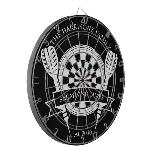 Zwart-wit Familie Custom Name Wedding Dartbord (Voorkant Links)