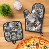 Zwart-wit Familie Fotocollage Gouden Monogram Ovenwant & Pannenlap Set