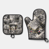 Zwart-wit Familie Fotocollage Gouden Monogram Ovenwant & Pannenlap Set (Voorkant)