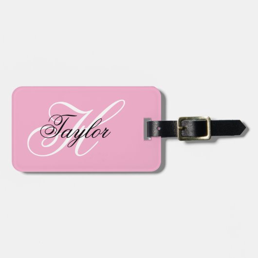 Zwart-wit Fancy Monogram Roze Bagagelabel (Voorkant horizontaal)
