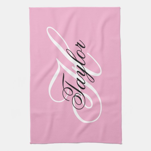 Zwart-wit Fancy Monogram Roze Theedoek (Verticaal)