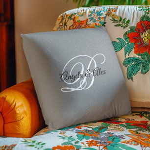Zwart-wit Fancy Script Monogram grijs Kussen