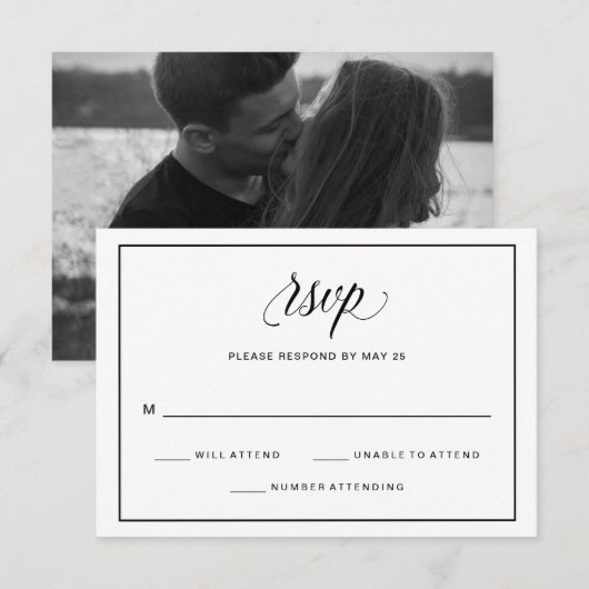 Zwart-wit Fancy Script Wedding RSVP | Foto Kaartje (Voorkant / Achterkant)