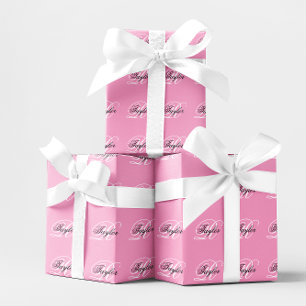 Zwart-Wit Fantasie Monogram Roze Cadeaupapier