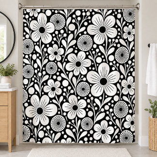 Zwart-Wit Fantasievol Bloemmotief Douchegordijn