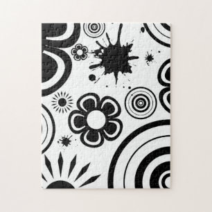Zwart-wit fantasievolle bloemen, cirkels, spatten legpuzzel
