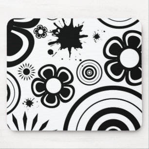 Zwart-wit fantasievolle bloemen, cirkels, spatten muismat