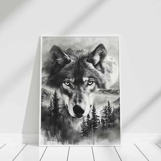 Zwart-wit Fantasy Wolf Mountain Moon Poster