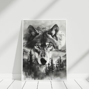 Zwart-wit Fantasy Wolf Mountain Moon Poster