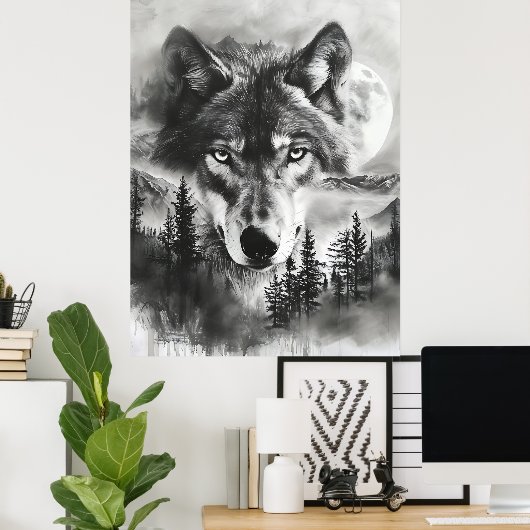 Zwart-wit Fantasy Wolf Mountain Moon Poster (Thuiskantoor)