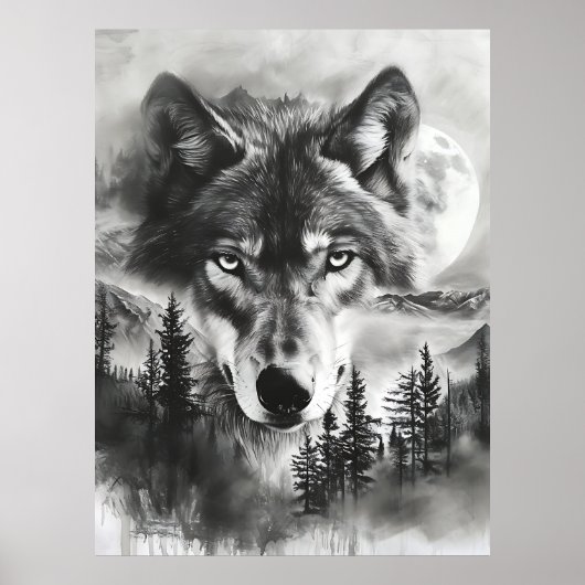 Zwart-wit Fantasy Wolf Mountain Moon Poster (Voorkant)