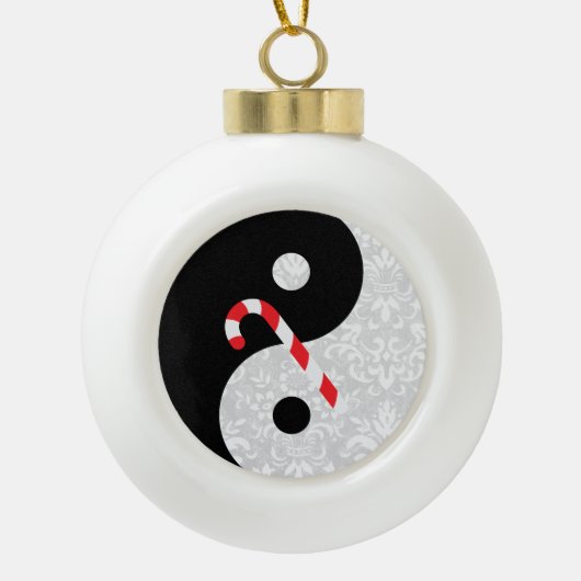 Zwart-wit Faux Kant Yin Yang met Candy Cane Keramische Bal Ornament (Voorkant)