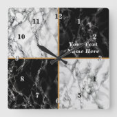 Zwart Wit Faux Marmeren Klok met Aangepaste Tekst (Voorkant)