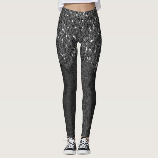 Zwart wit faux sparkles rustig hout leggings (Voorkant)