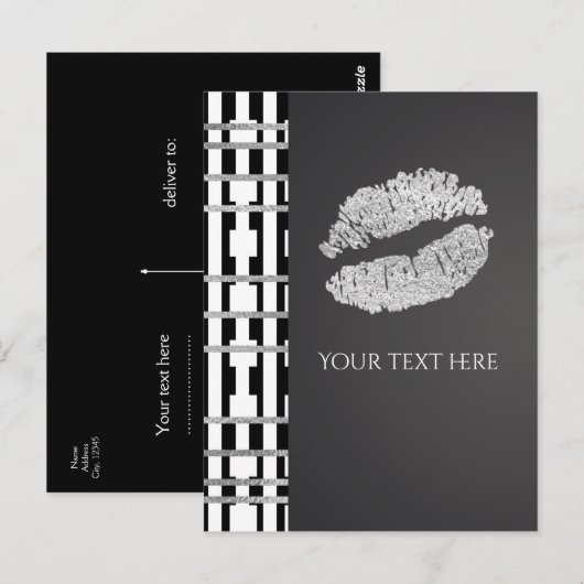 Zwart Wit & Faux Zilver Shimmer Lips Event Briefkaart (Voorkant / Achterkant)