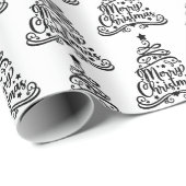 Zwart & Wit Feestelijk Vrolijk Kerstboom Patroon Cadeaupapier (Rol Hoek)