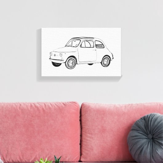 Zwart-wit Fiat 500 Topolino Tekening Canvas Afdruk (Insitu (Woonkamer))