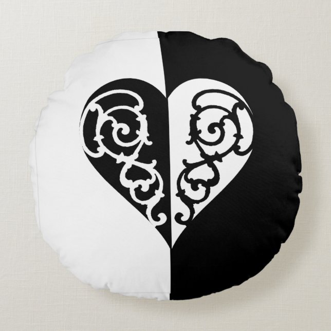 Zwart-wit Filigree Heart Sierkussen Rond Kussen (Voorkant)