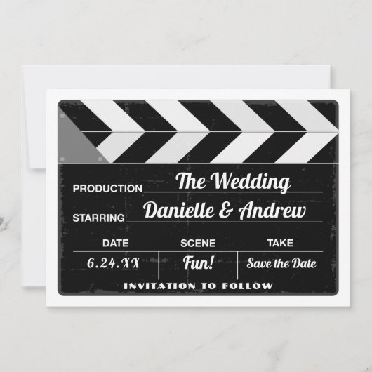 Zwart-wit Film Clap Board Bruiloft Save The Date (Voorkant)