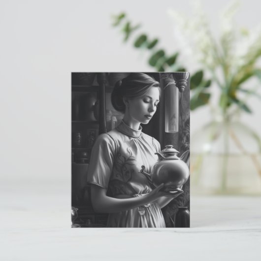 Zwart-wit Film Noir Vrouw Keuken Thee Briefkaart (Staand voorkant)