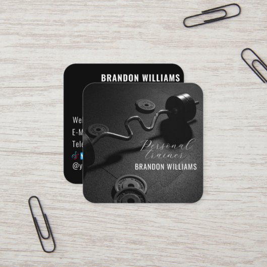 Zwart Wit Fitness Personal Trainer Influencer Vierkante Visitekaartje (Voorkant / Achterkant in situ)