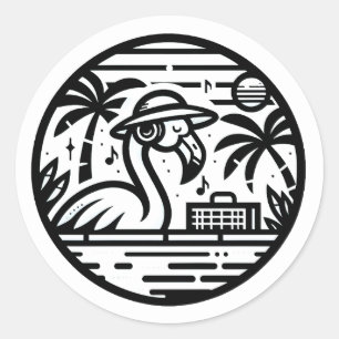 Zwart-wit Flamingo Hoofdtelefoon & Muziek Tropics Ronde Sticker