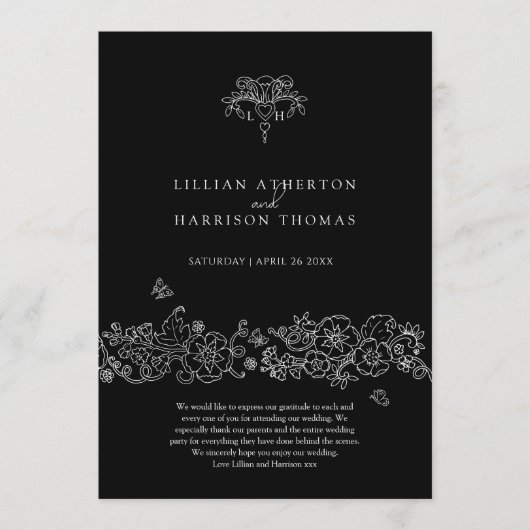 Zwart wit fleur de lis bruiloft bedankt programmakaart (Voorkant)
