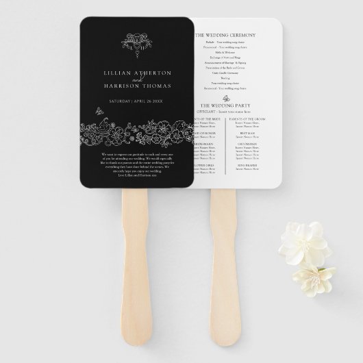 Zwart wit fleur de lis bruiloft programma bedankt handwaaier (Voorkant en achterkant)