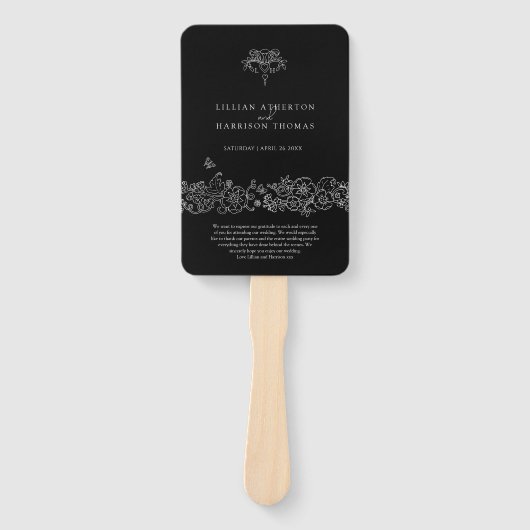 Zwart wit fleur de lis bruiloft programma bedankt handwaaier (Voorkant)